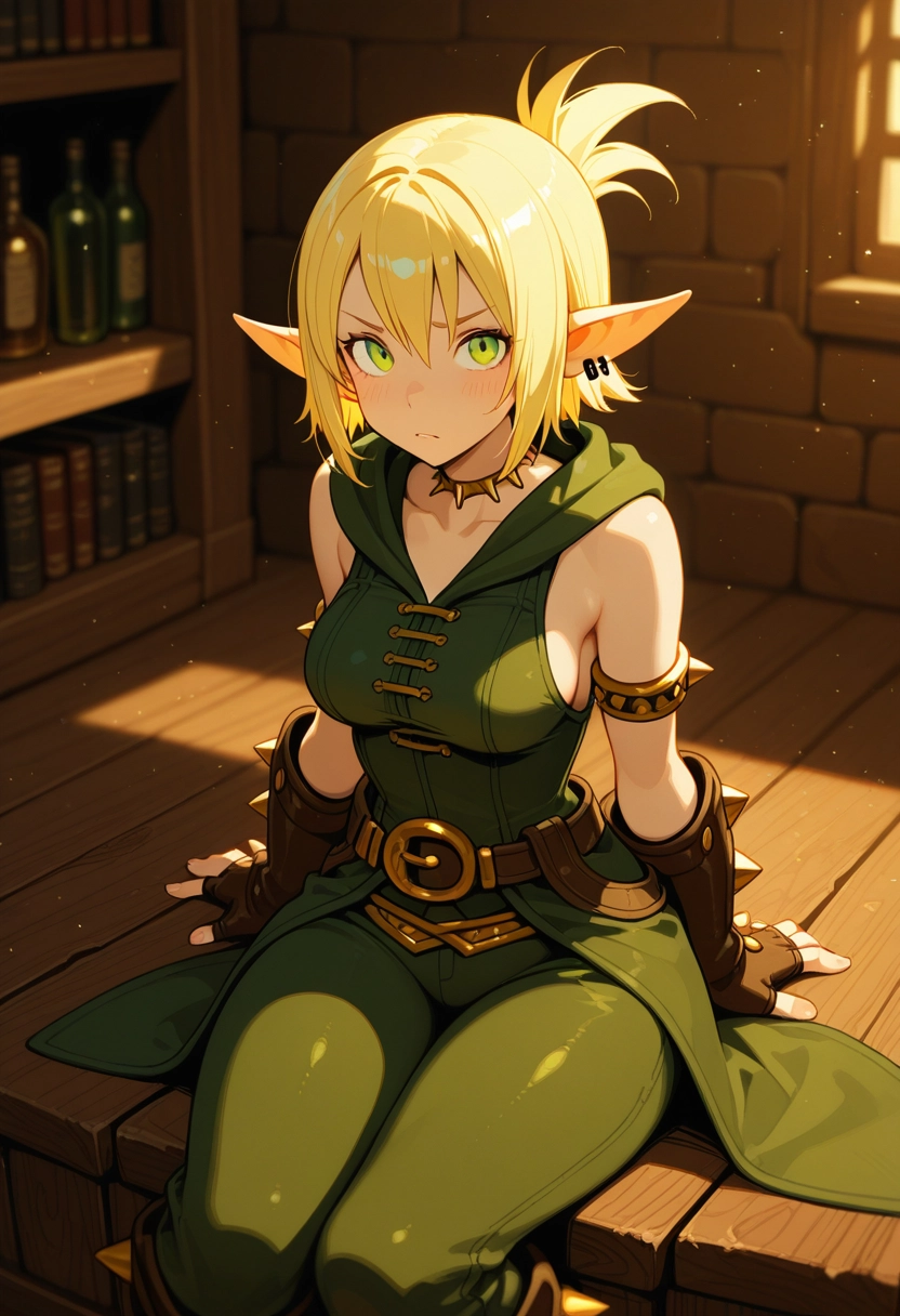 1girl, pointy ears, solo, breasts, green eyes, fingerless gloves · Yamete.gg