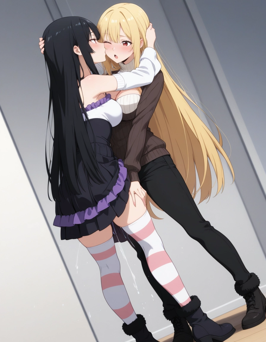 yuri, multiple girls, sweater, 2girls, long hair, thighhighs