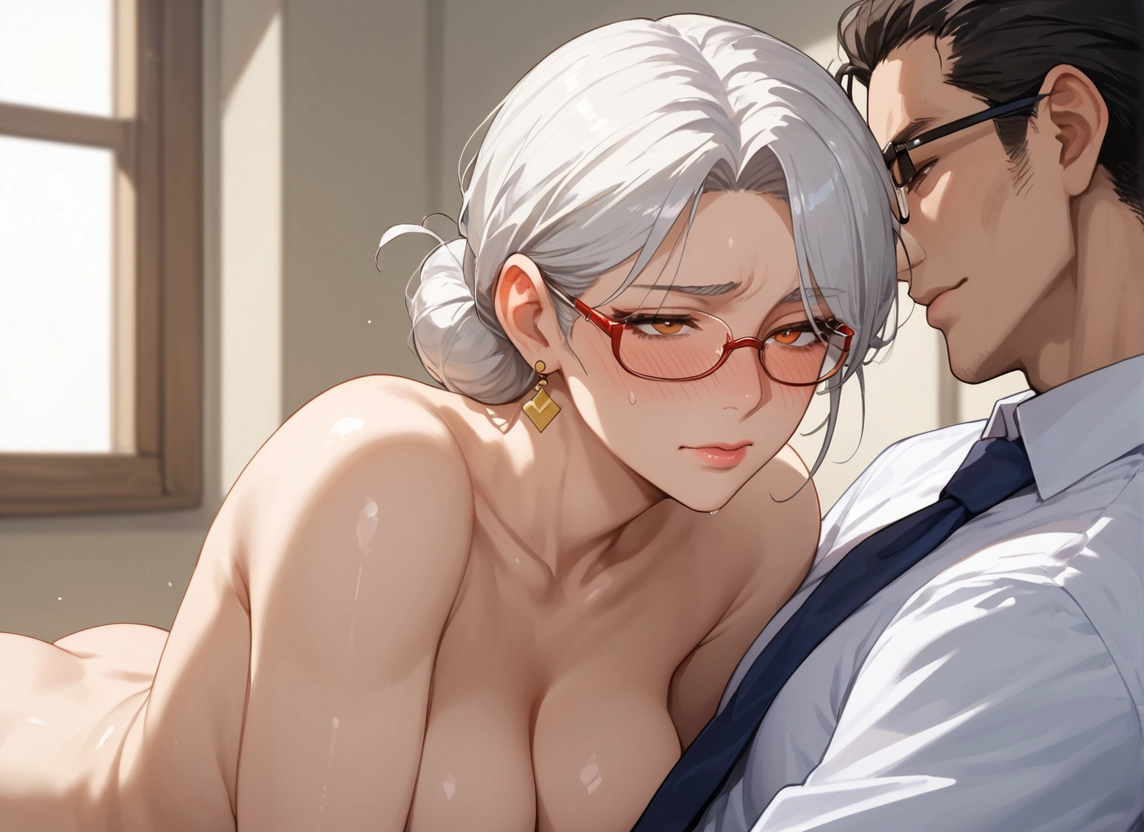 1girl, 1boy, nude, glasses, necktie, blush · Yamete.gg
