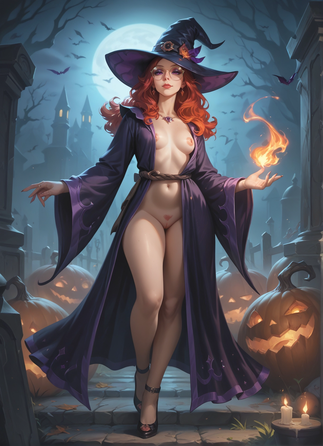 1girl, hat, breasts, solo, witch hat, moon · Yamete.gg