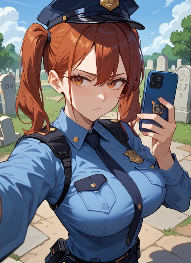 1girl, breasts, phone, twintails, police, necktie · Yamete.gg