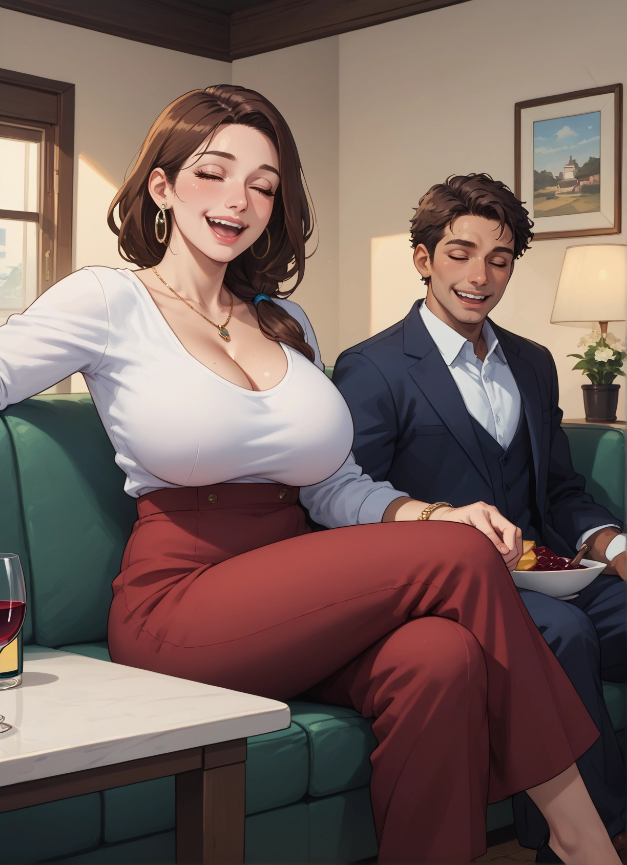 1girl, breasts, 1boy, jewelry, earrings, brown hair · Yamete.gg