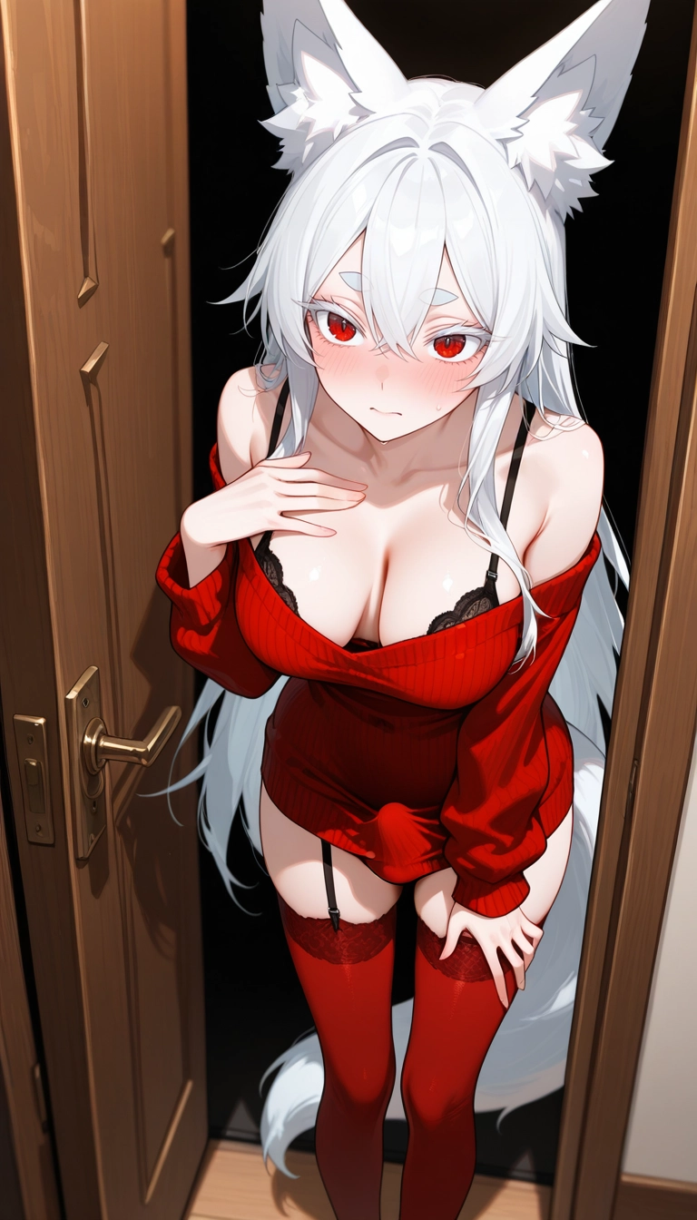 1girl, solo, animal ears, red eyes, bra, thighhighs