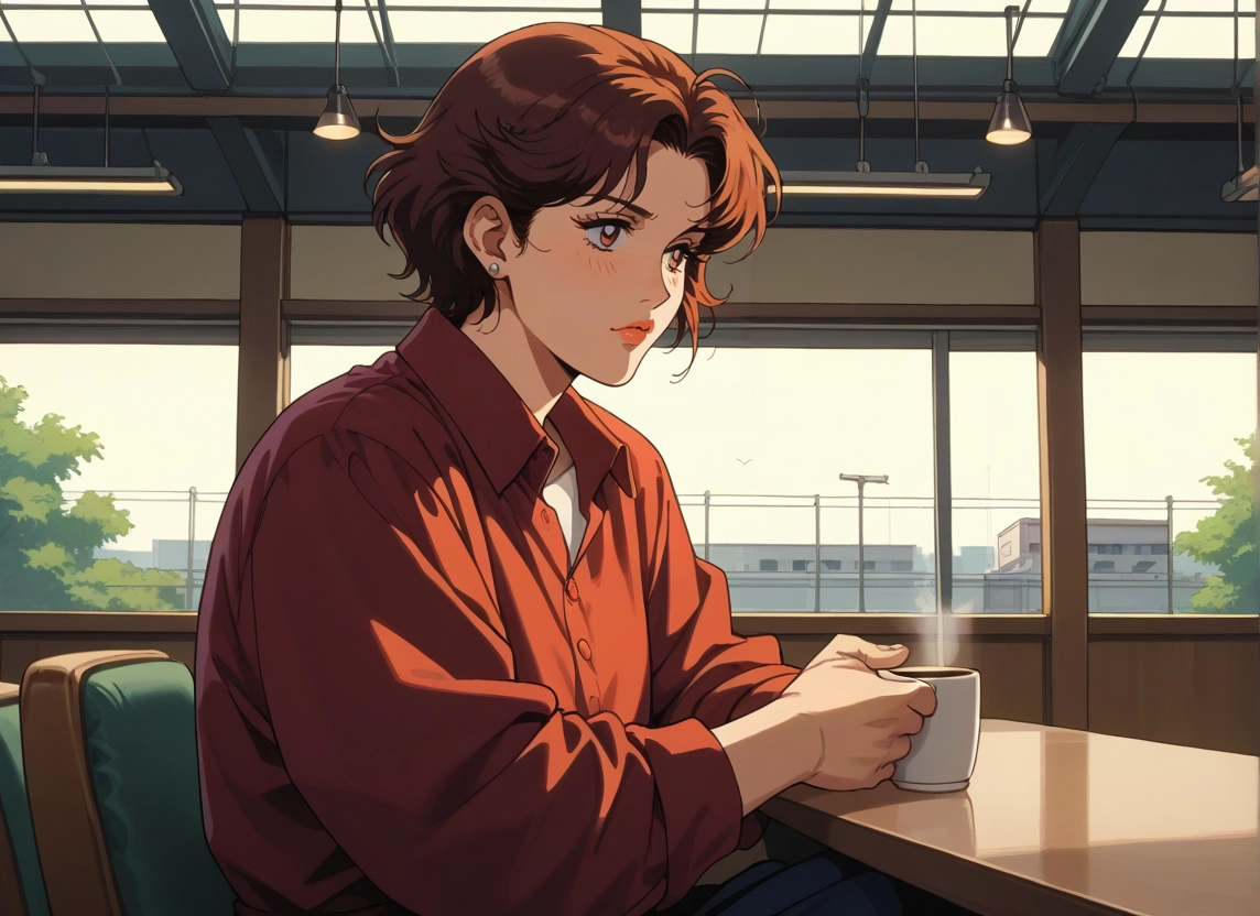 1girl, solo, cup, brown hair, shirt, short hair · Yamete.gg