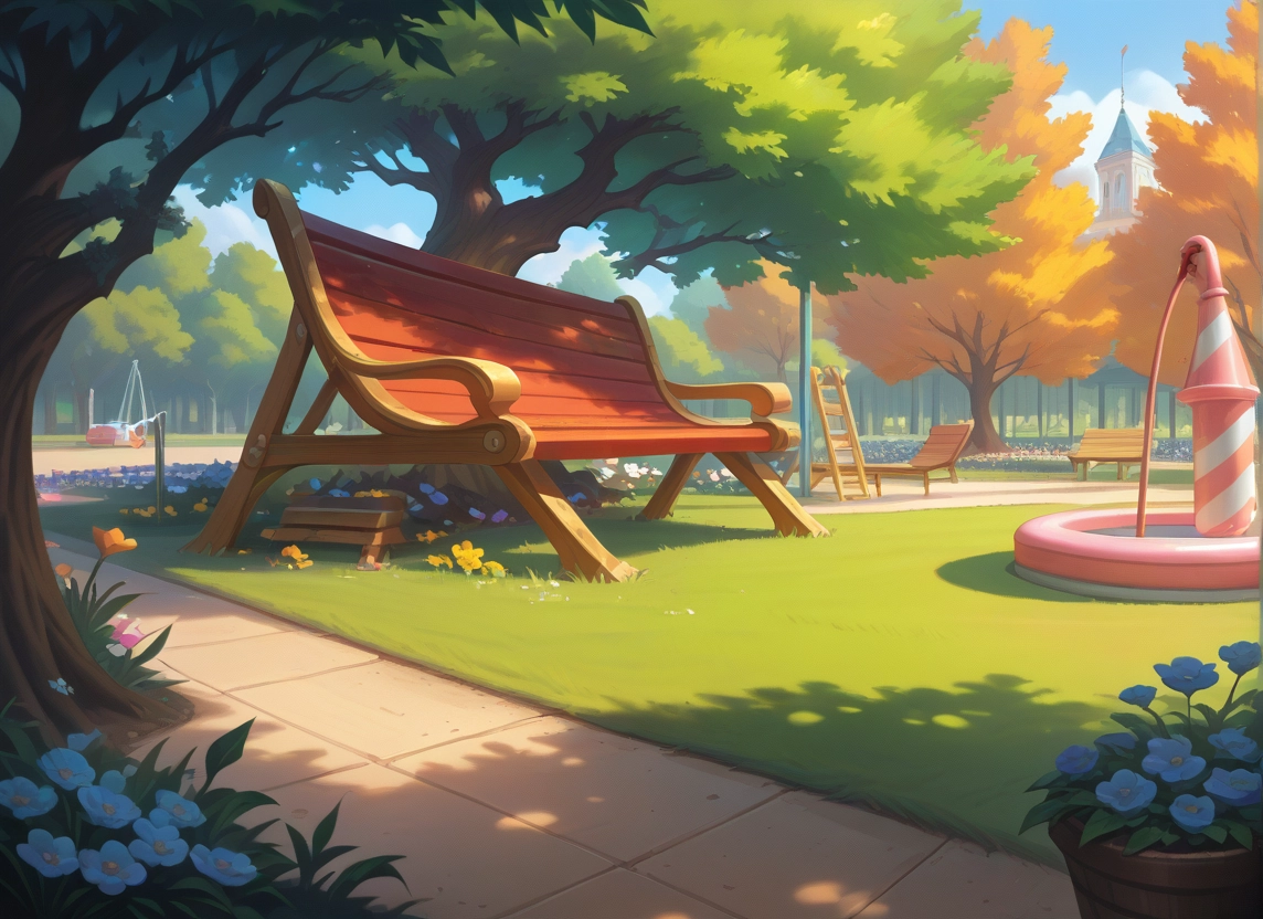 no humans, tree, scenery, flower, bench, day
