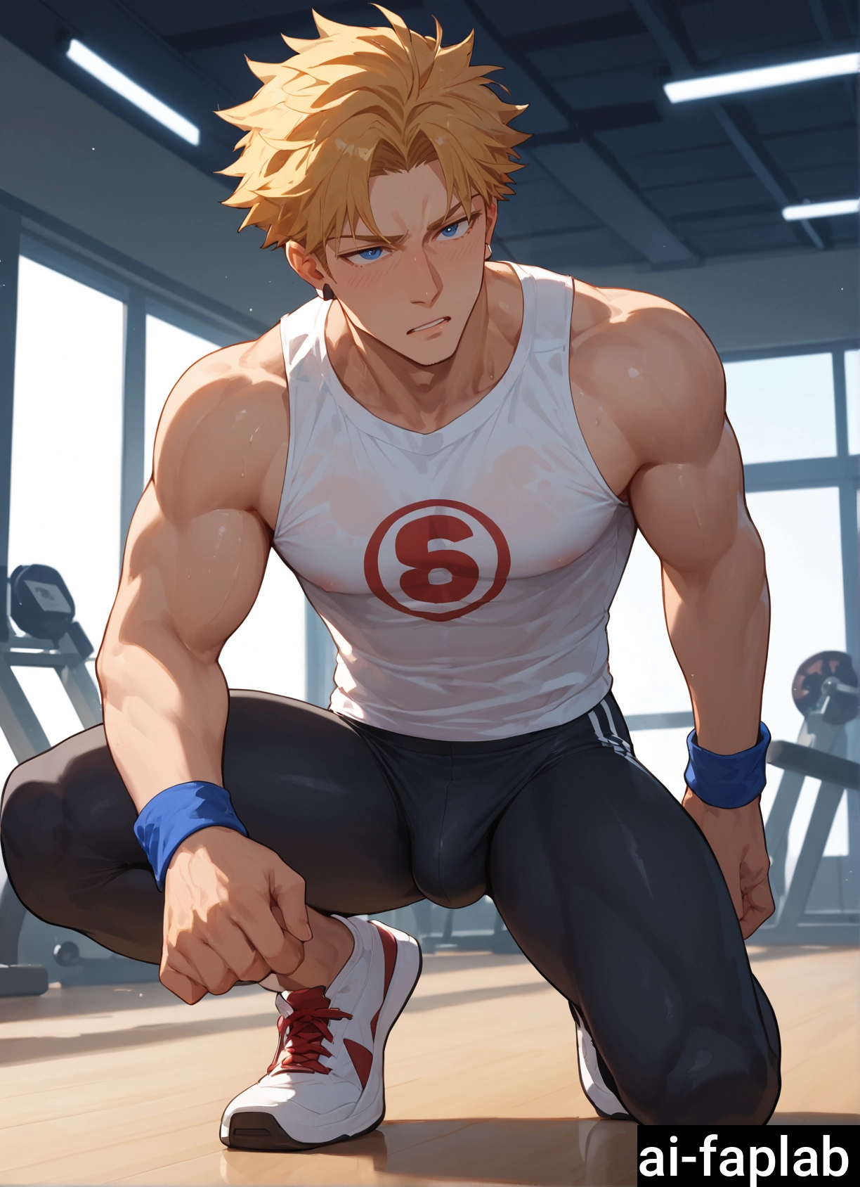 blonde hair, male focus, 1boy, gym, blue eyes, pectorals
