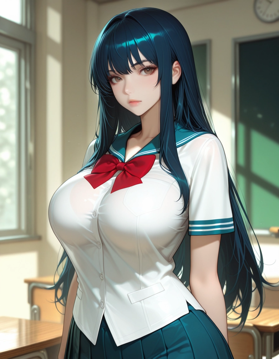 1girl, solo, breasts, long hair, skirt, classroom · Yamete.gg