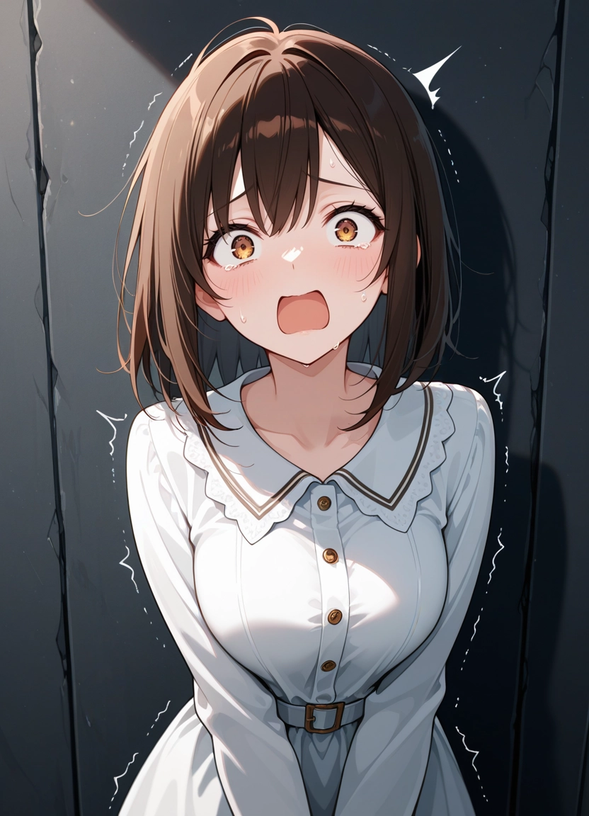 1girl, solo, brown hair, open mouth, breasts, trembling · Yamete.gg