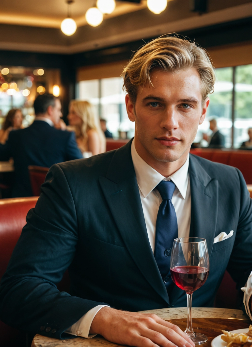 cup, drinking glass, necktie, wine glass, formal, blonde hair · Yamete.gg