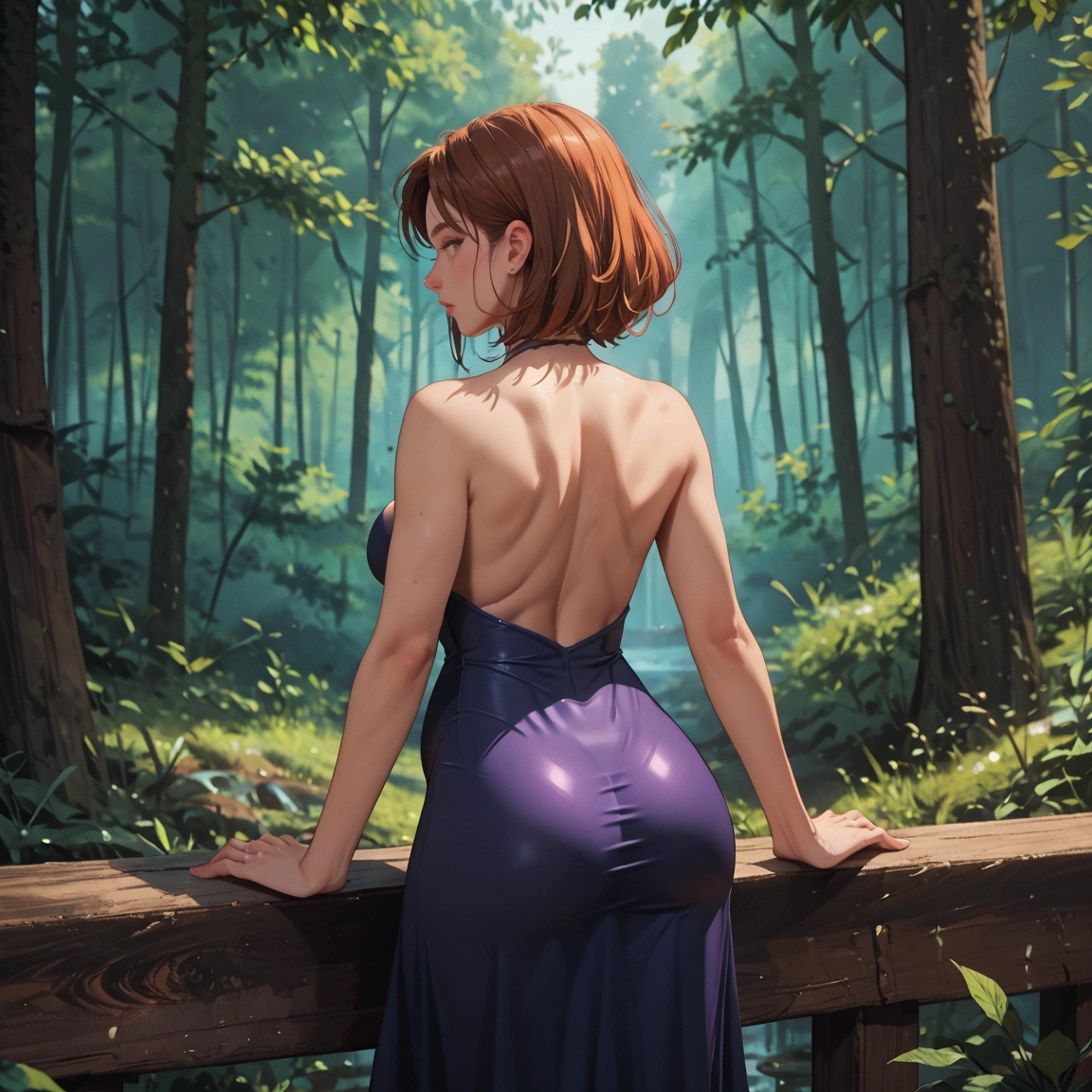1girl, ass, dress, solo, brown hair, nature · Yamete.gg