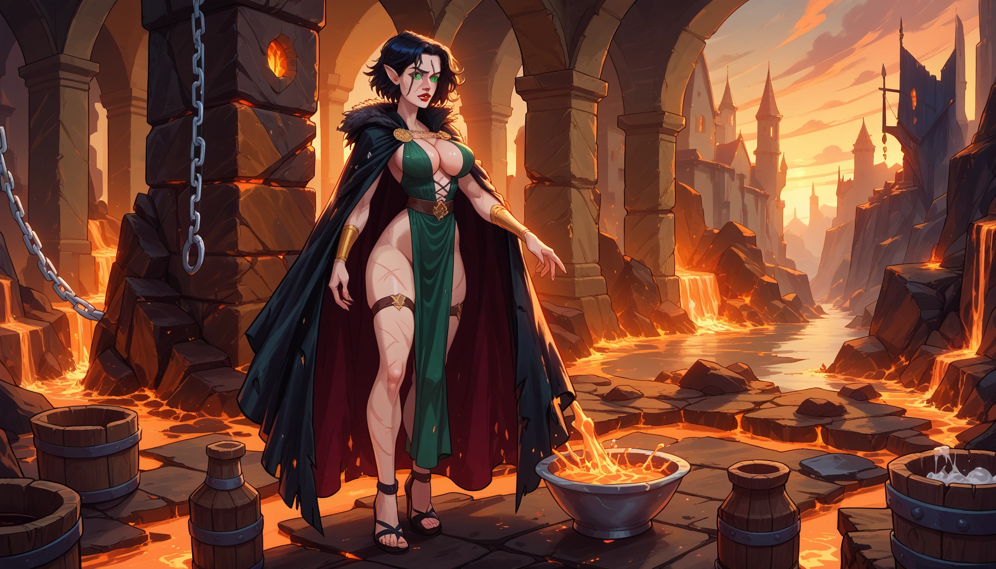 1girl, breasts, pointy ears, chain, green eyes, black hair · Yamete.gg