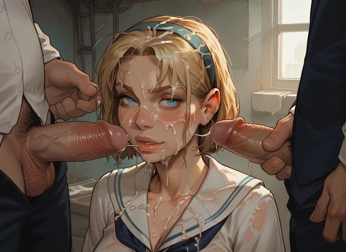 1girl, facial, penis, multiple boys, uncensored, cum