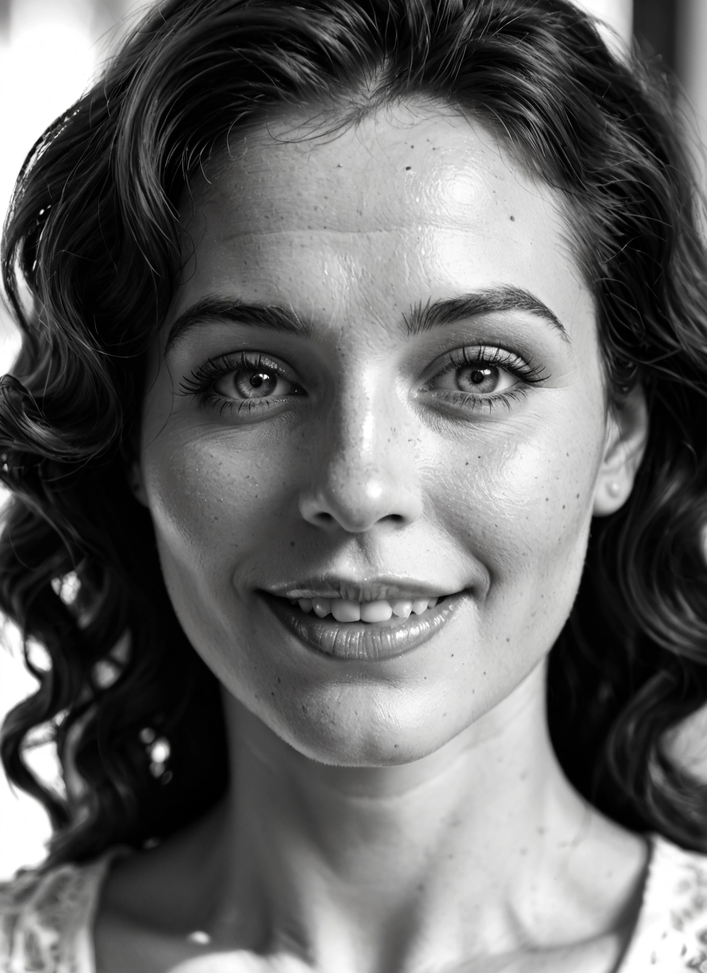 1girl, monochrome, solo, greyscale, freckles, smile · Yamete.gg