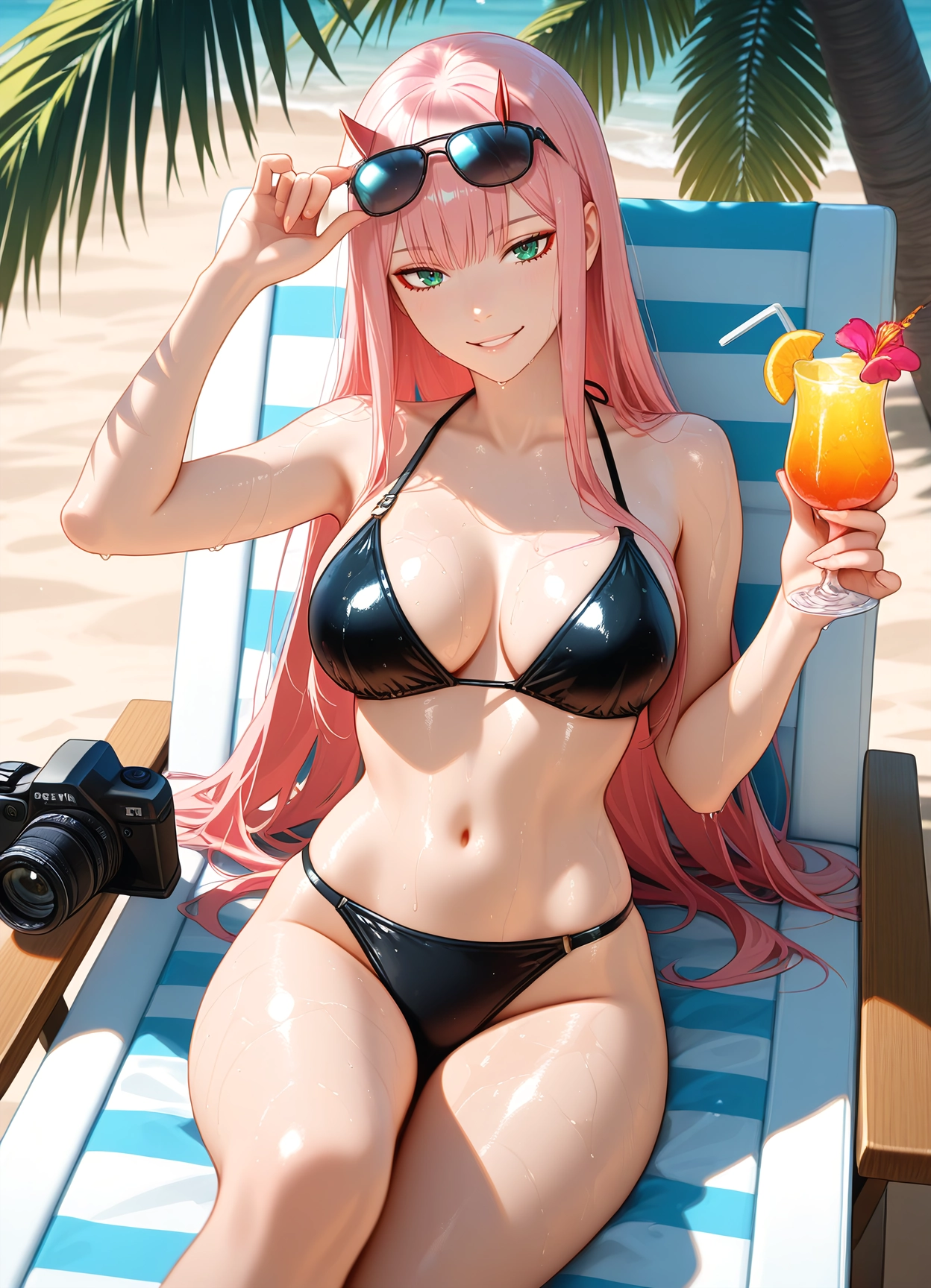 1girl, breasts, horns, eyewear on head, solo, sunglasses · Yamete.gg