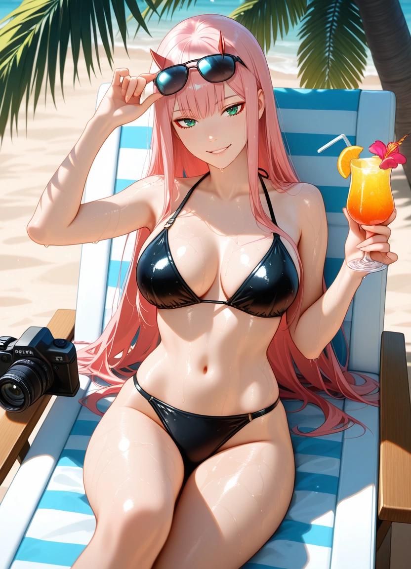 1girl, breasts, horns, eyewear on head, solo, sunglasses