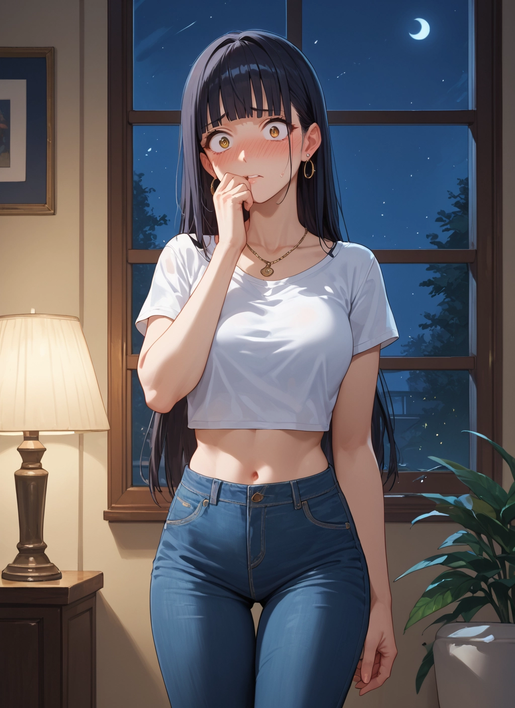 1girl, long hair, navel, jewelry, blush, pants · Yamete.gg
