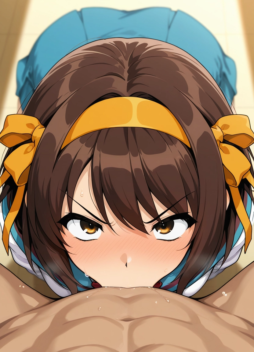 1girl, school uniform, oral, suzumiya haruhi, fellatio, blue sailor collar · Yamete.gg