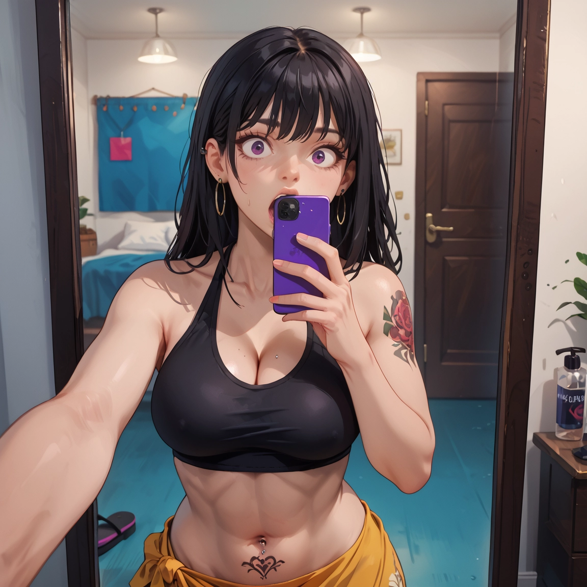 1girl, breasts, phone, tattoo, jewelry, piercing · Yamete.gg