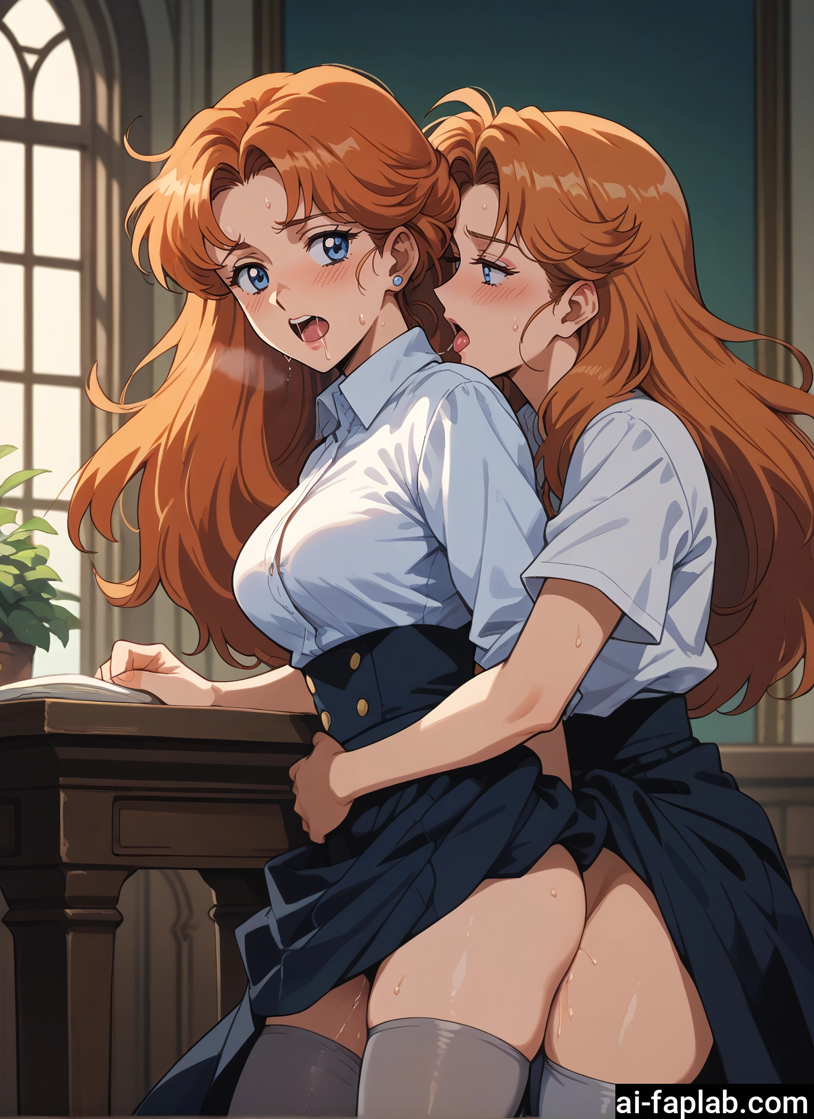 futanari, multiple girls, 2girls, blue eyes, thighhighs, skirt · Yamete.gg