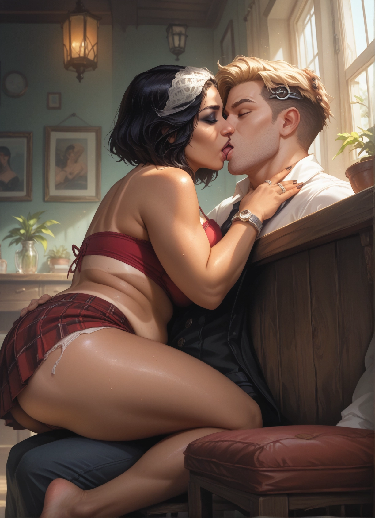1girl, 1boy, kiss, hetero, skirt, watch · Yamete.gg