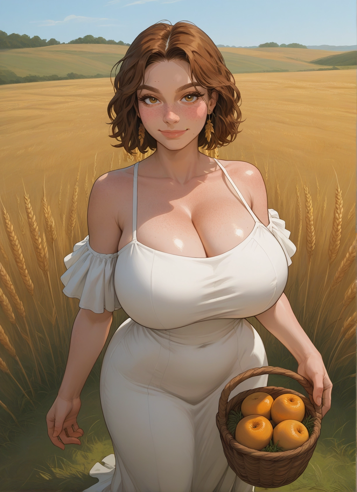 1girl, breasts, dress, brown hair, solo, white dress · Yamete.gg