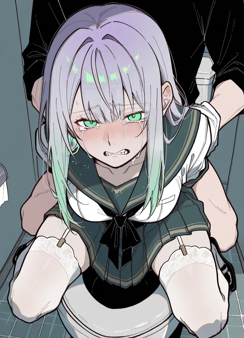1girl, thighhighs, teeth, 1boy, tears, garter straps