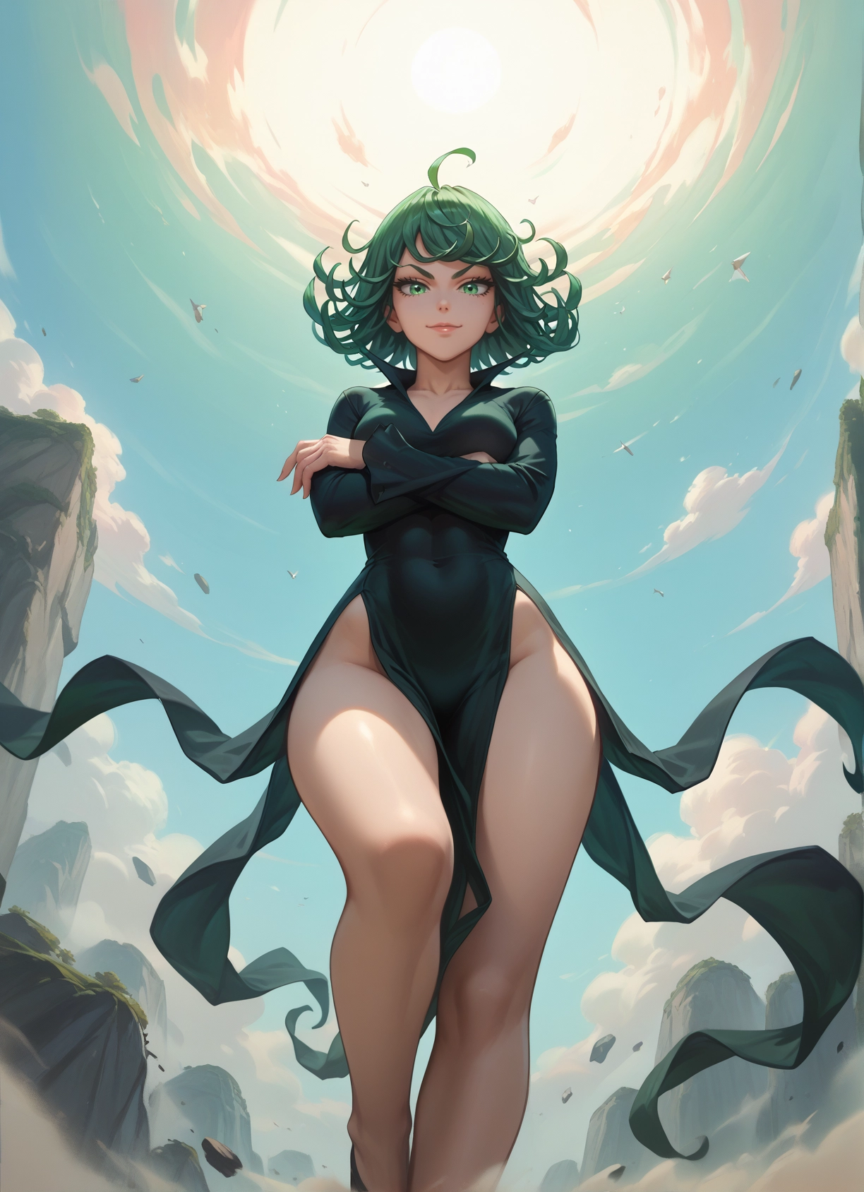 1girl, green eyes, dress, solo, green hair, crossed arms · Yamete.gg