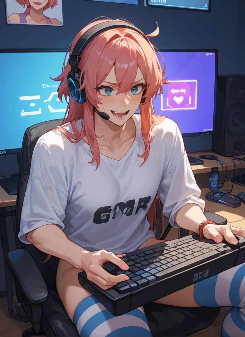 1girl, thighhighs, striped, blue eyes, shirt, striped legwear · Yamete.gg