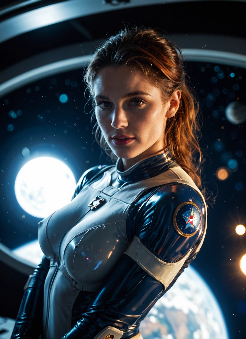 1girl, solo, breasts, bodysuit, looking at viewer, space · Yamete.gg