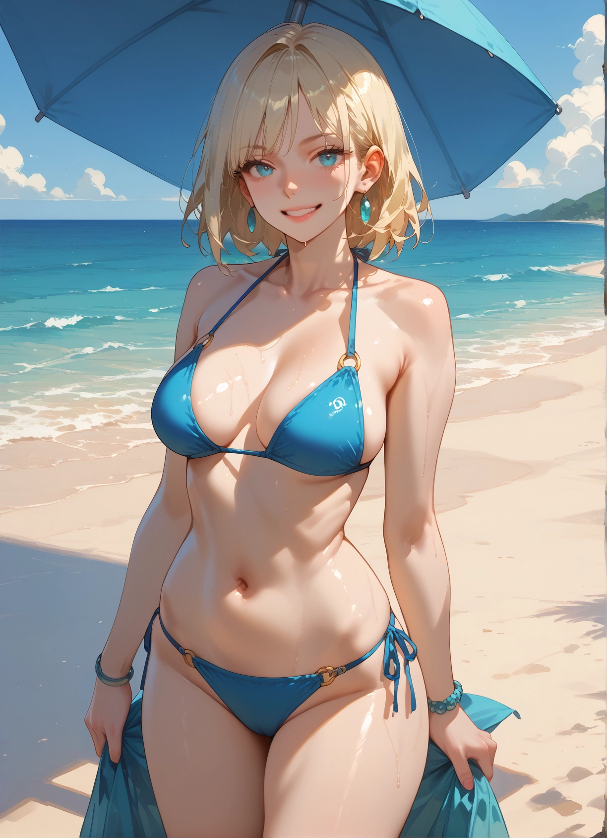 1girl, swimsuit, breasts, bikini, blonde hair, jewelry · Yamete.gg
