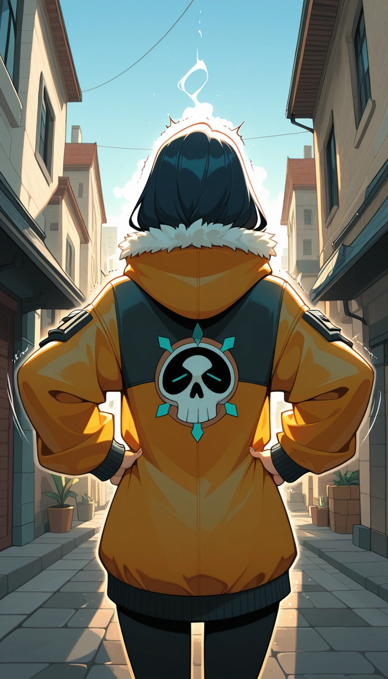 1girl, solo, hood, from behind, hands on own hips, jacket · Yamete.gg