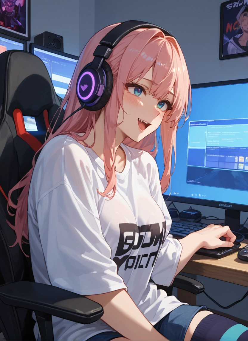 1girl, headphones, pink hair, long hair, shirt, open mouth