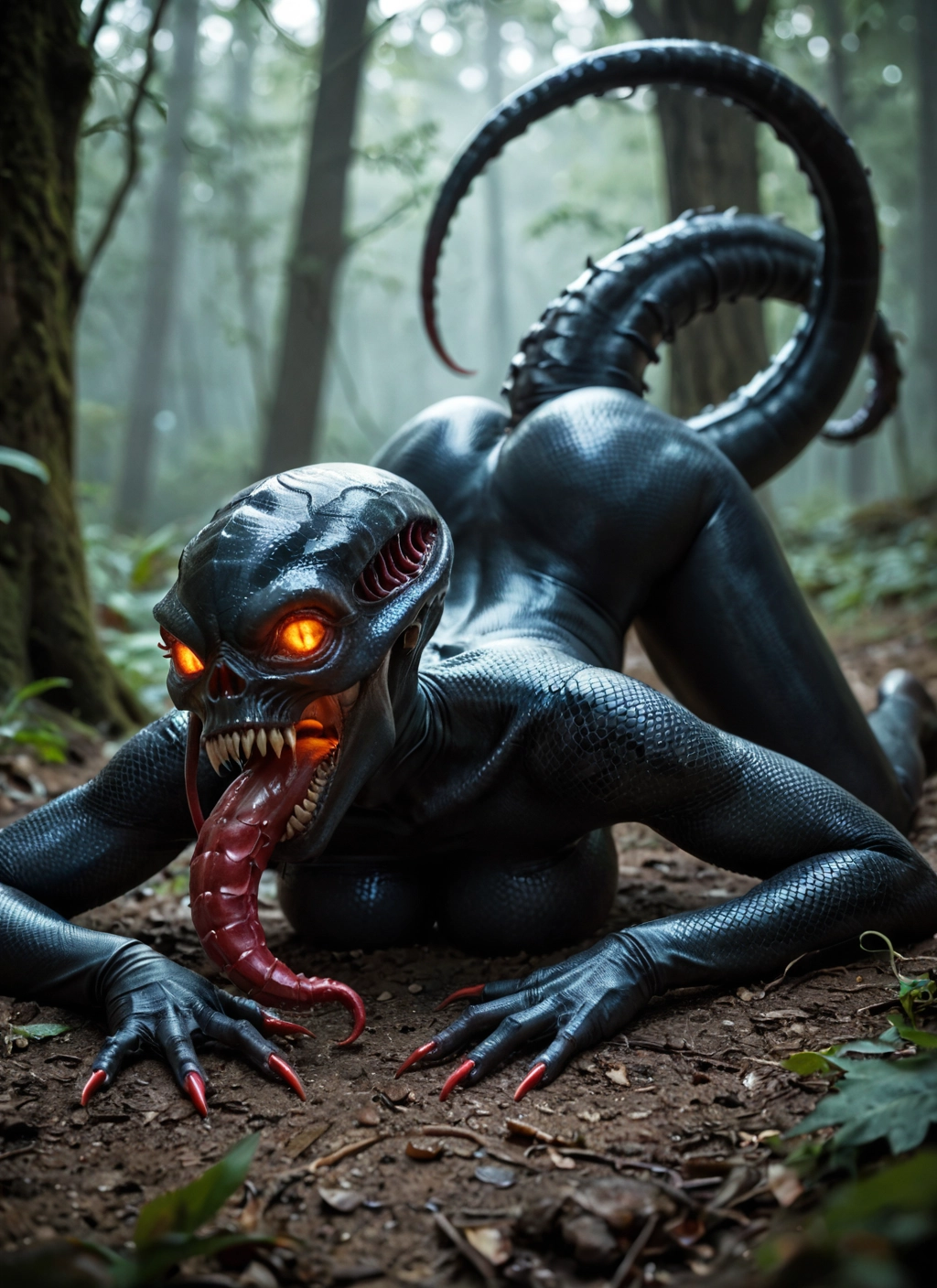 1girl, tongue, tail, solo, nature, long tongue · Yamete.gg