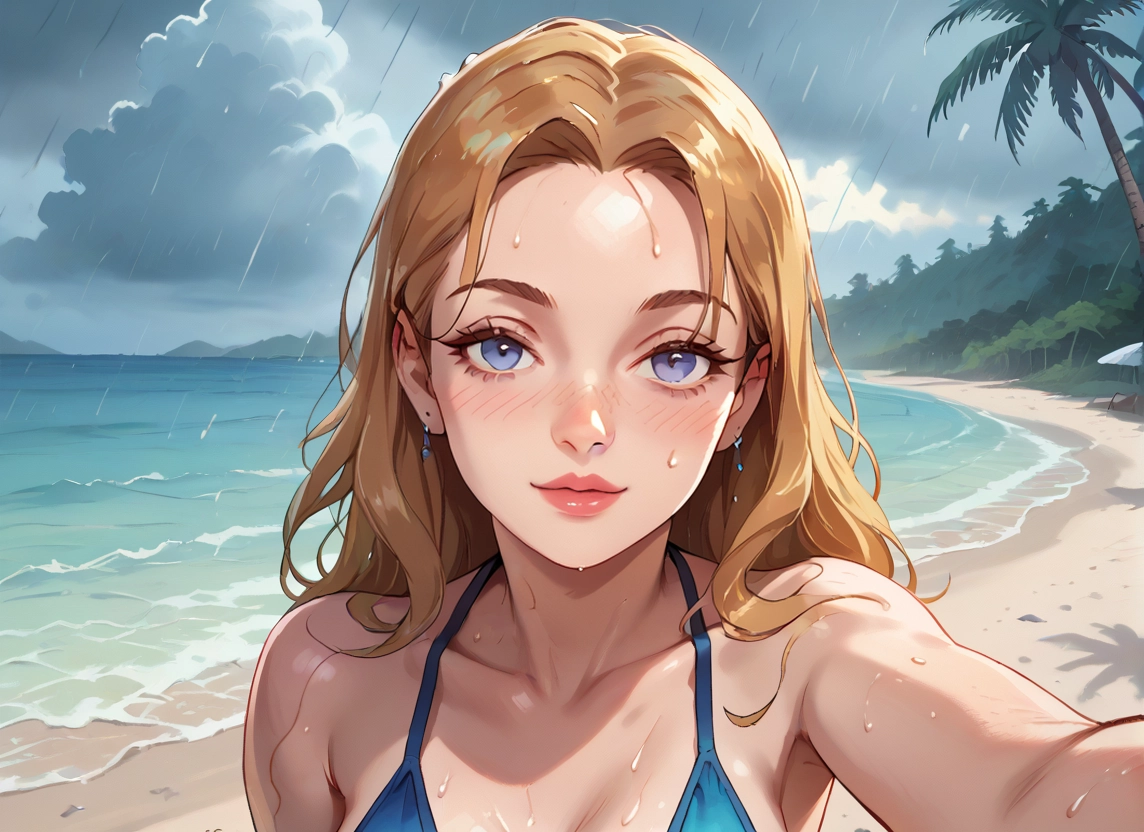 1girl, swimsuit, solo, outdoors, wet, blue bikini · Yamete.gg