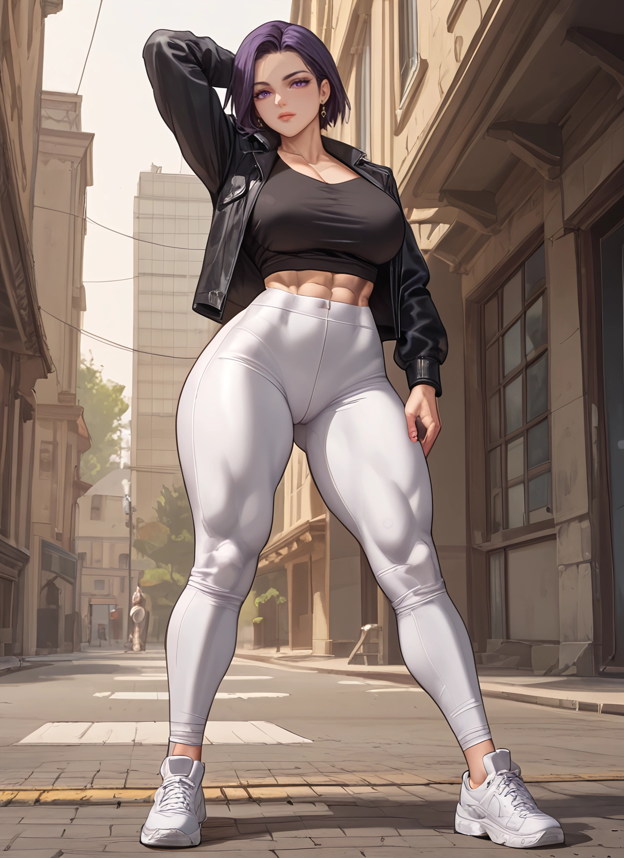 breasts, 1girl, jacket, abs, jewelry, earrings · Yamete.gg
