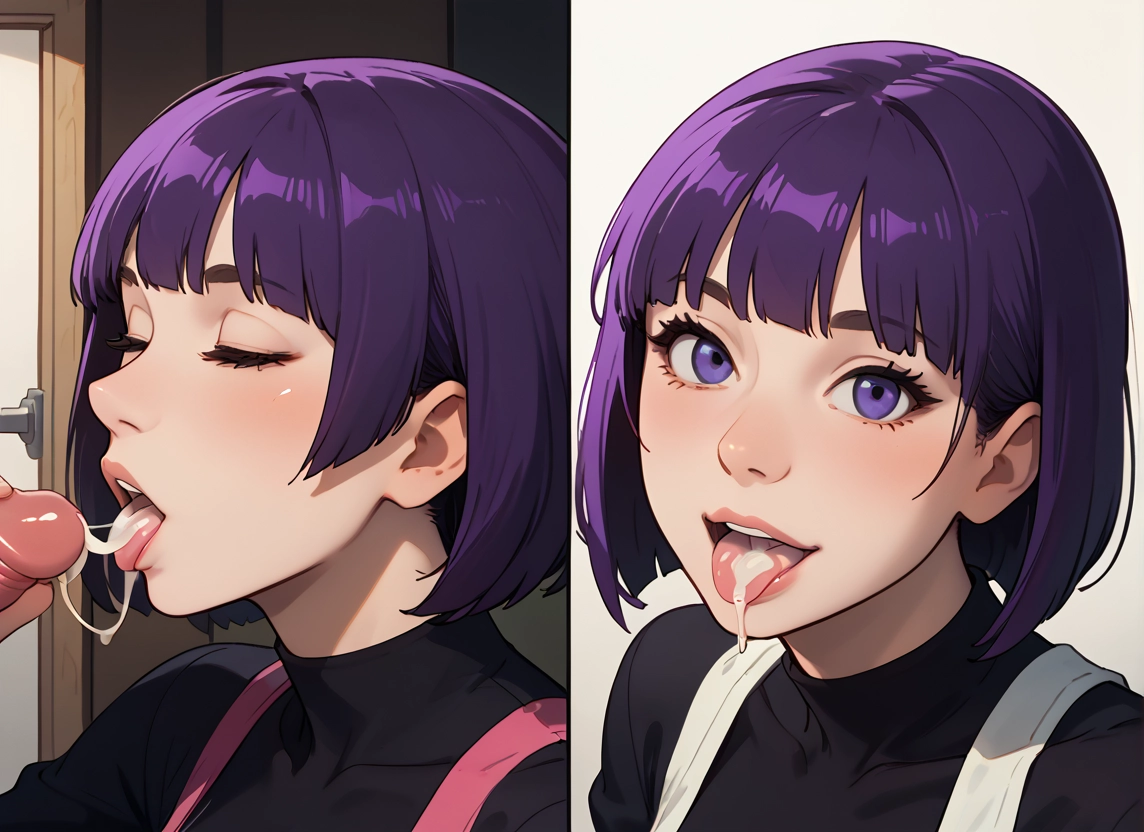penis, 1girl, cum, purple hair, hetero, purple eyes · Yamete.gg