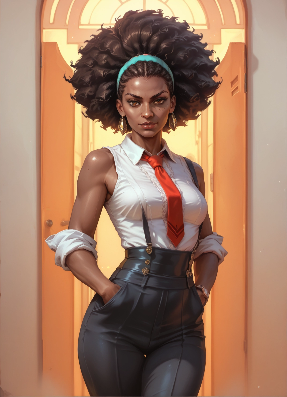 1girl, solo, dark skin, dark-skinned female, necktie, jewelry · Yamete.gg