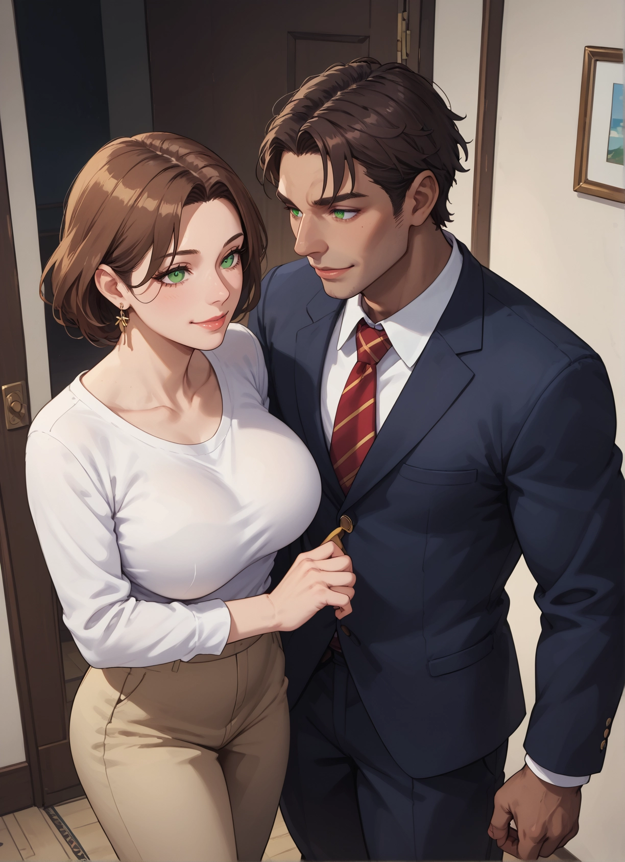 1girl, 1boy, green eyes, brown hair, breasts, jewelry · Yamete.gg