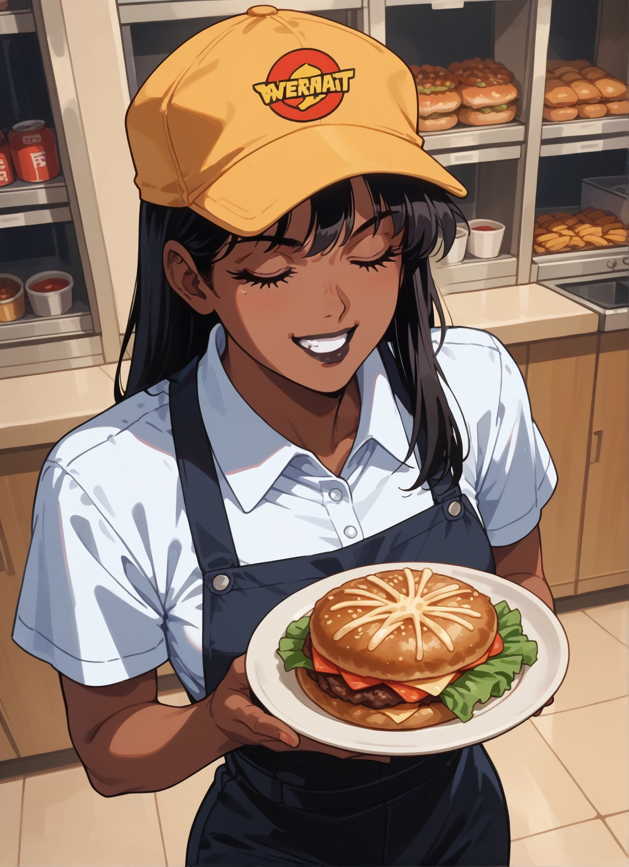 1girl, food, solo, hat, smile, closed eyes · Yamete.gg