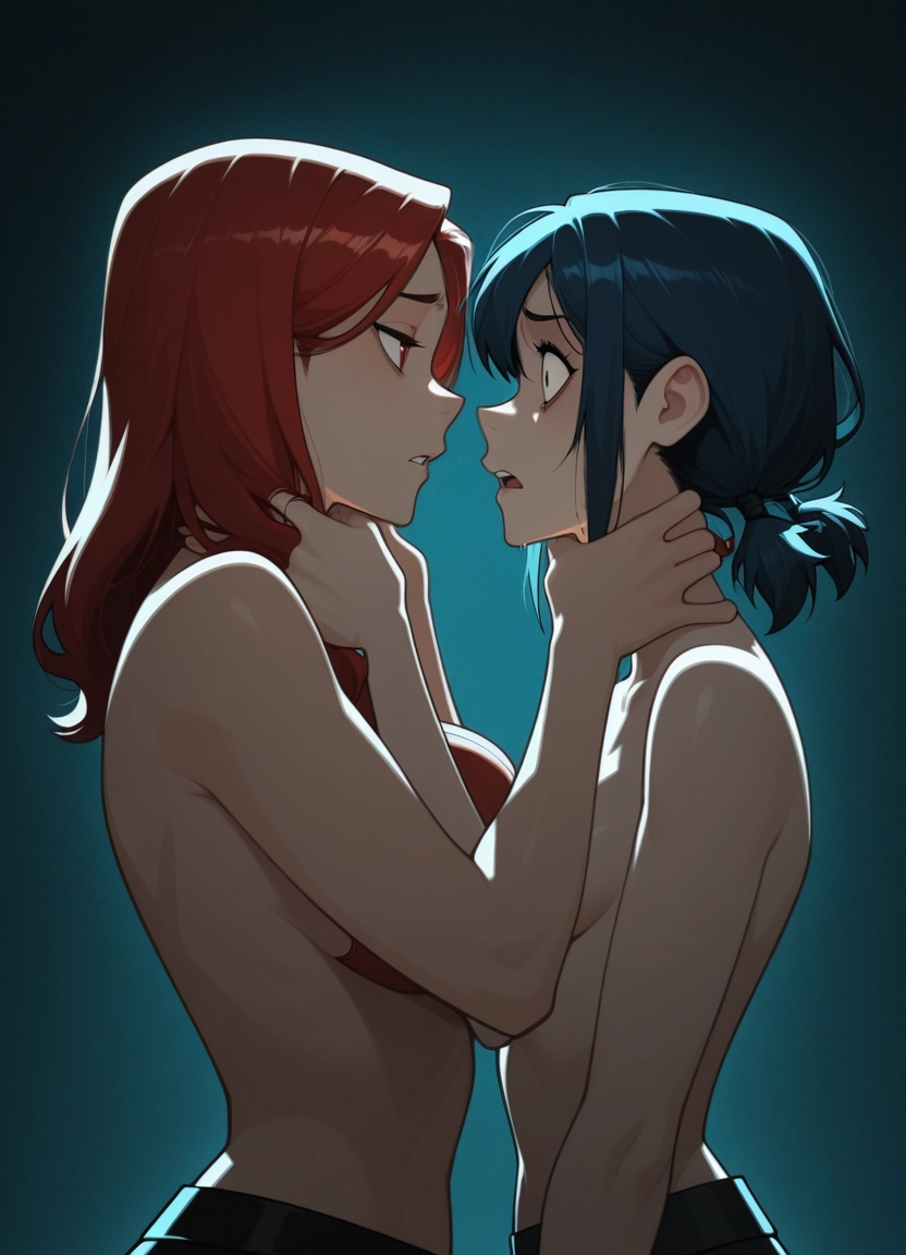 multiple girls, 2girls, breasts, yuri, red hair, blue hair · Yamete.gg