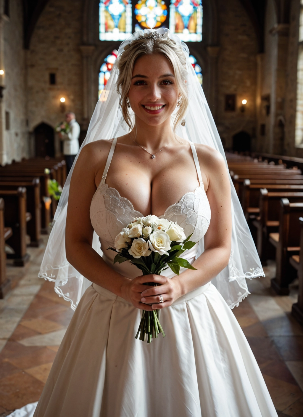 breasts, 1girl, dress, flower, wedding dress, jewelry · Yamete.gg