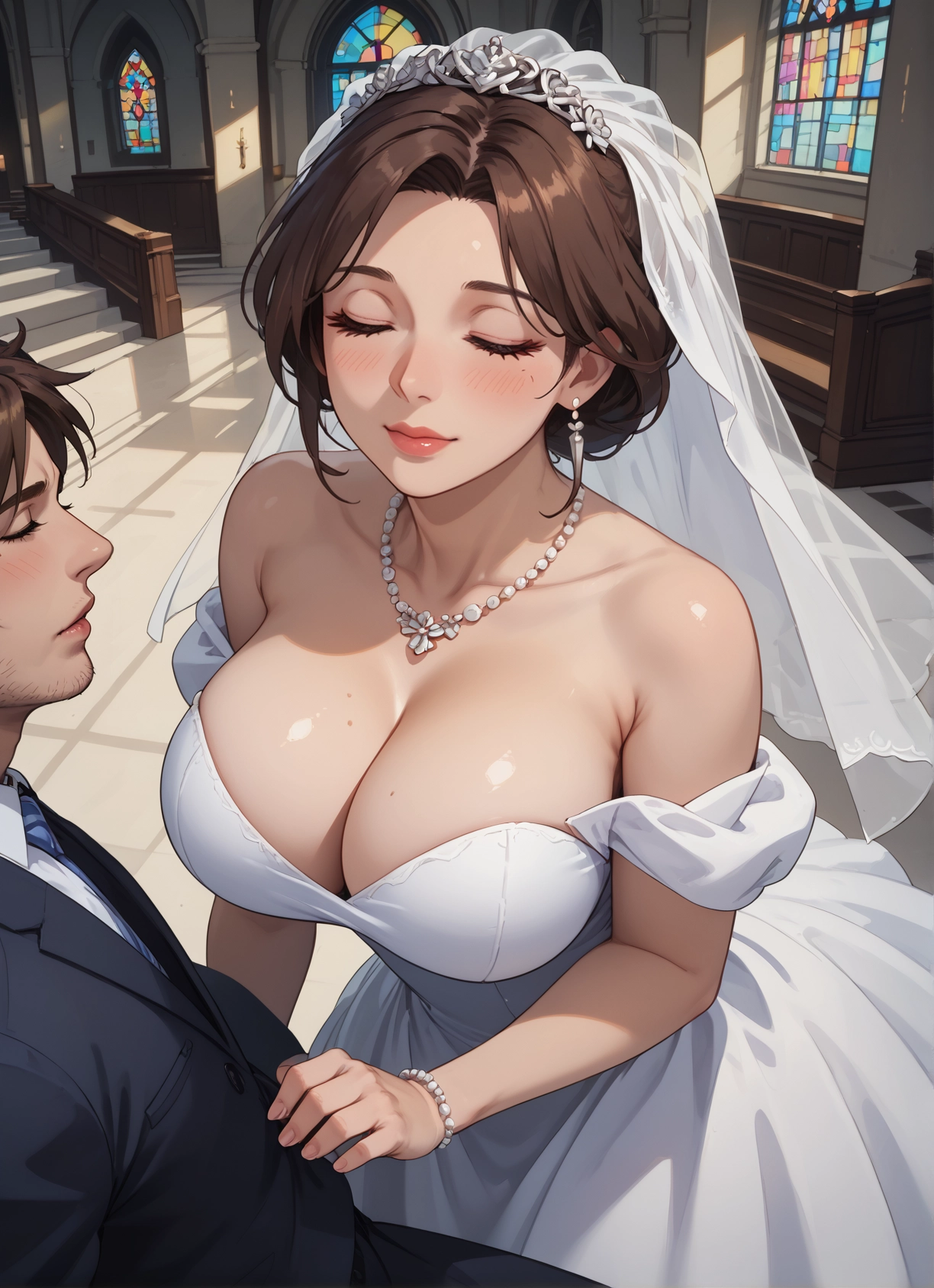 breasts, 1girl, dress, 1boy, brown hair, jewelry · Yamete.gg