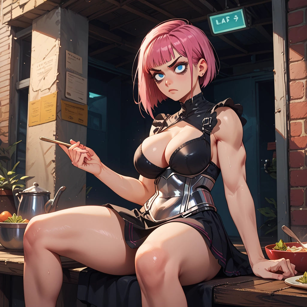 blue eyes, breasts, pink hair, sitting, 1girl, short hair · Yamete.gg