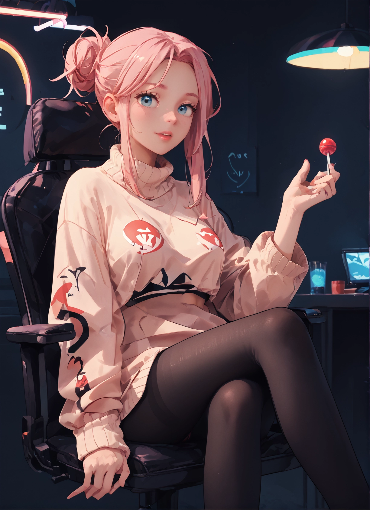 1girl, food, pantyhose, candy, lollipop, blue eyes