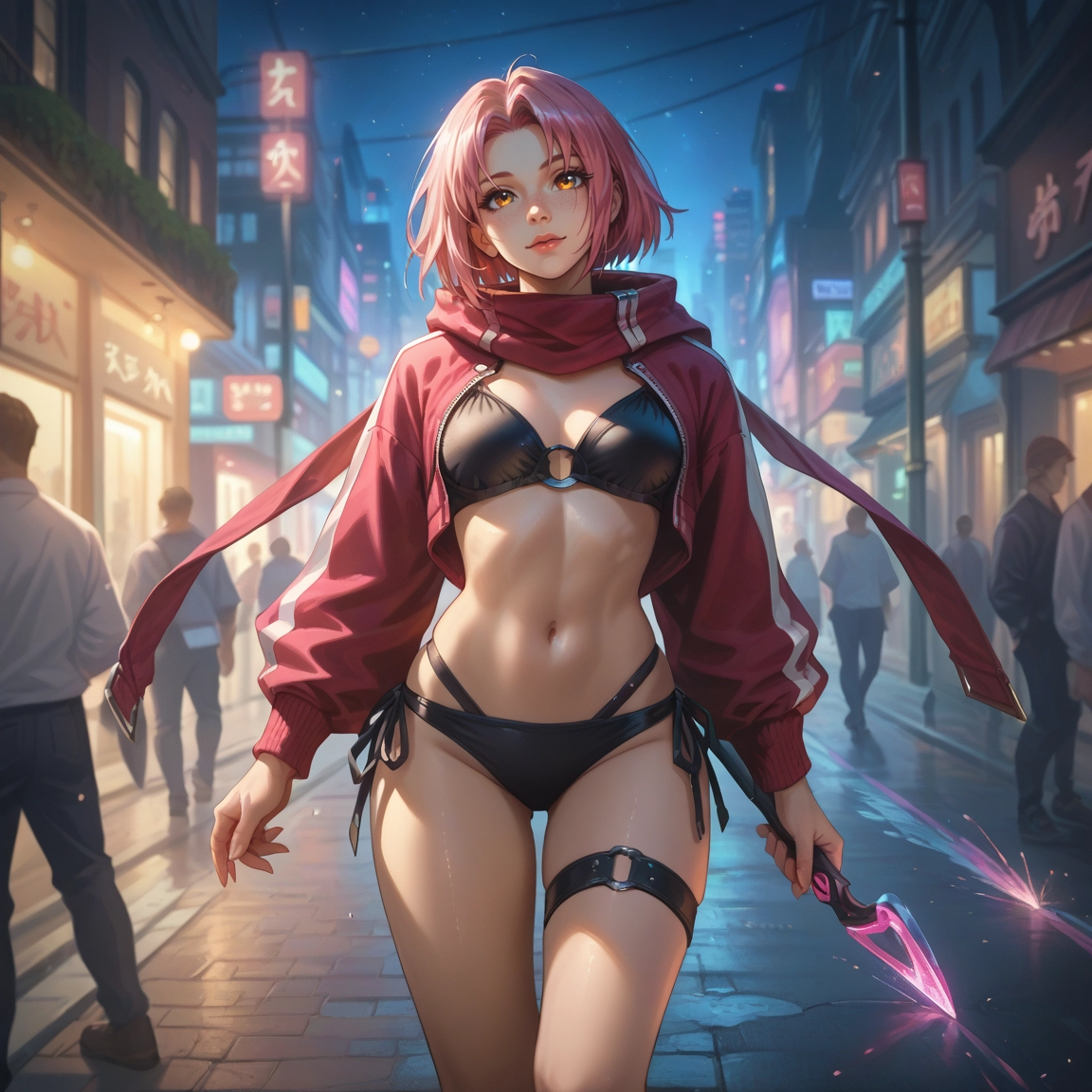 scarf, navel, bikini, swimsuit, 1girl, jacket · Yamete.gg