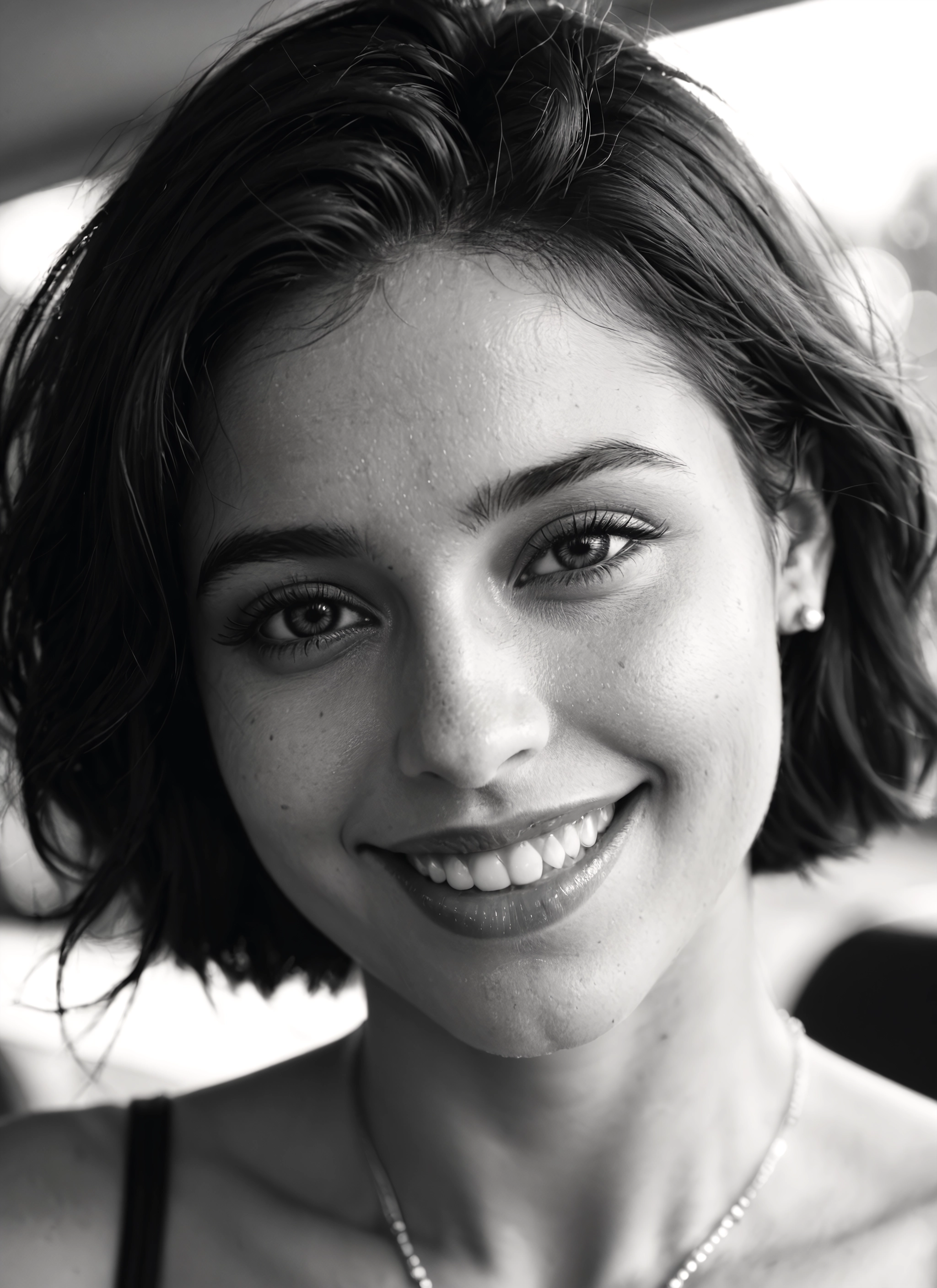 monochrome, greyscale, 1girl, solo, jewelry, smile · Yamete.gg