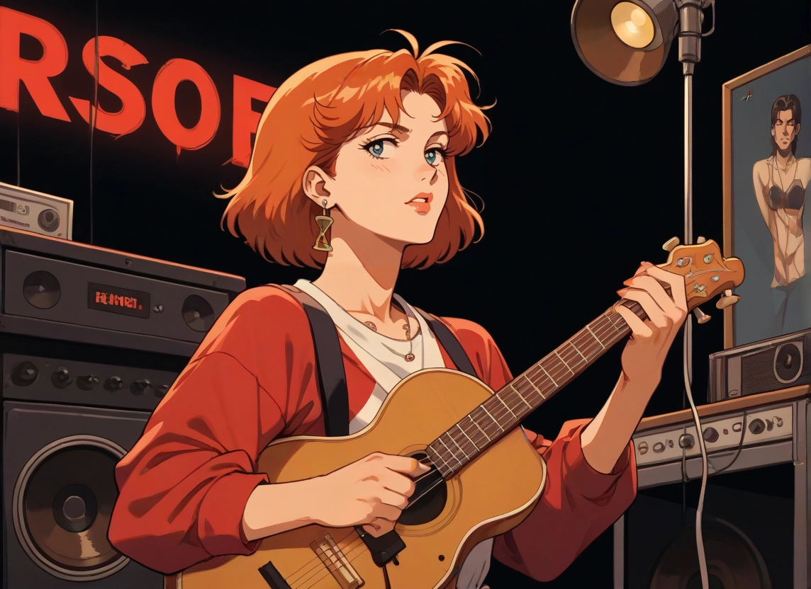 instrument, jewelry, earrings, short hair, blue eyes, guitar · Yamete.gg