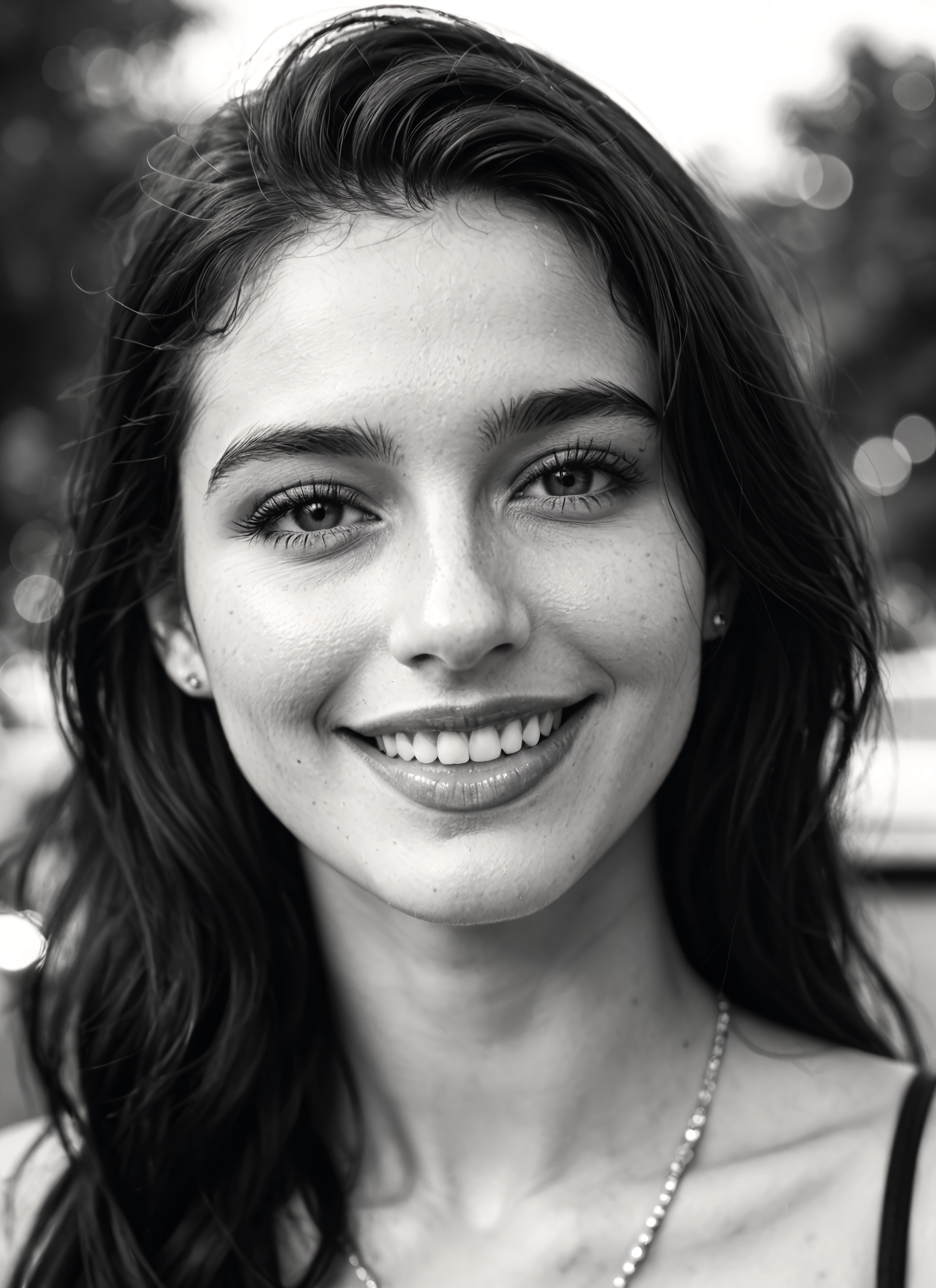 1girl, greyscale, monochrome, solo, jewelry, smile · Yamete.gg