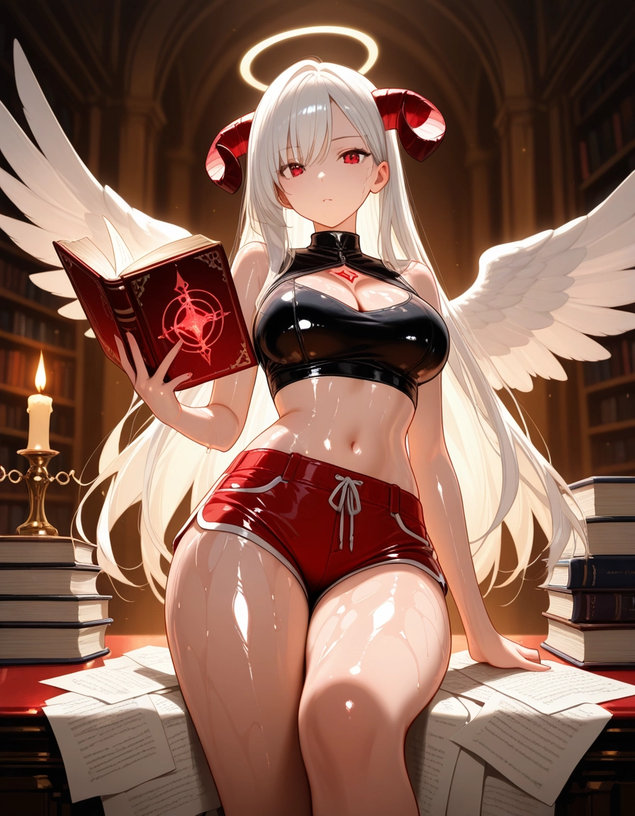 1girl, breasts, long hair, wings, red eyes, shorts · Yamete.gg