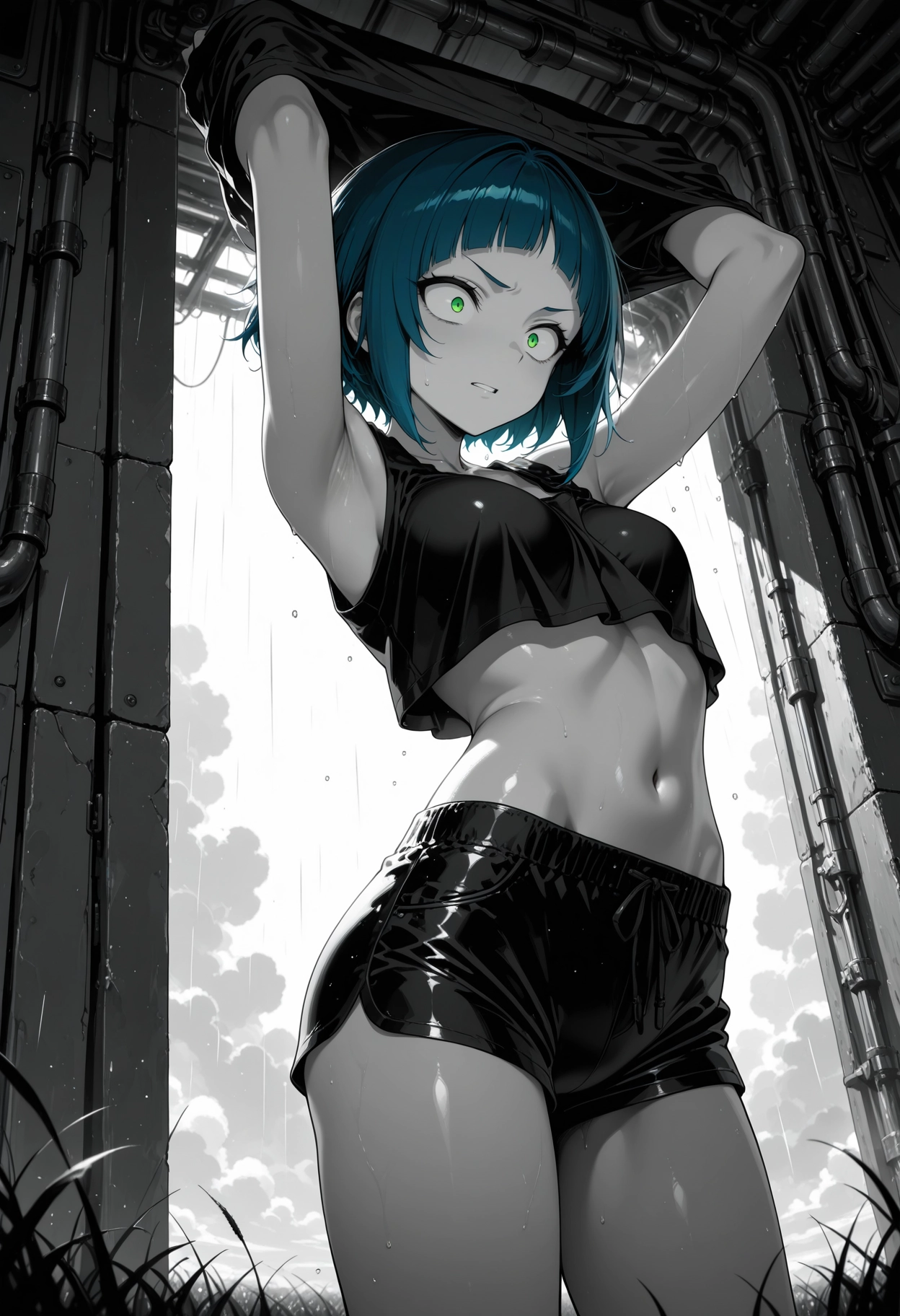 1girl, green eyes, shorts, solo, short hair, navel · Yamete.gg